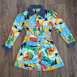 Vintage 60s 70s novelty print nylon farm print tunic top mini dress